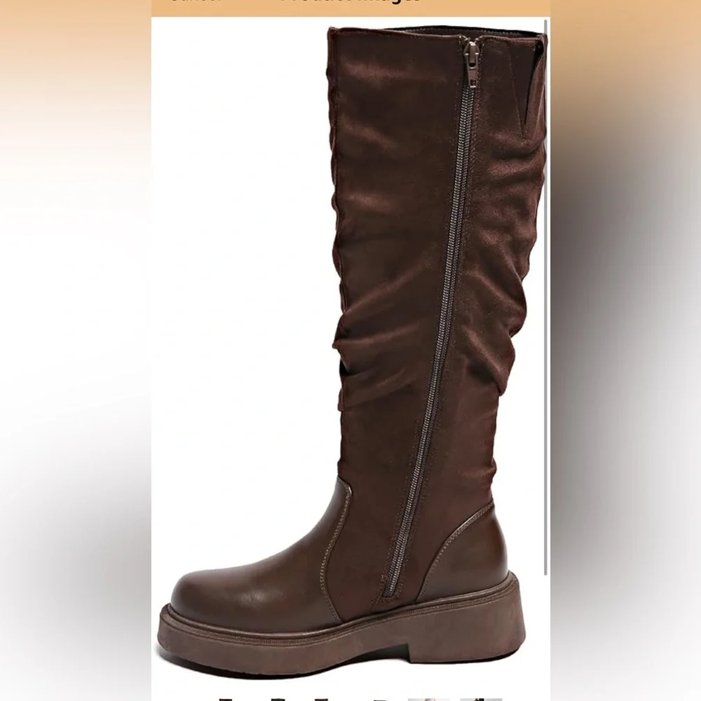CARLKARIDA Chunky Heel Riding Boots With Side Zipper Brown Size 8/340